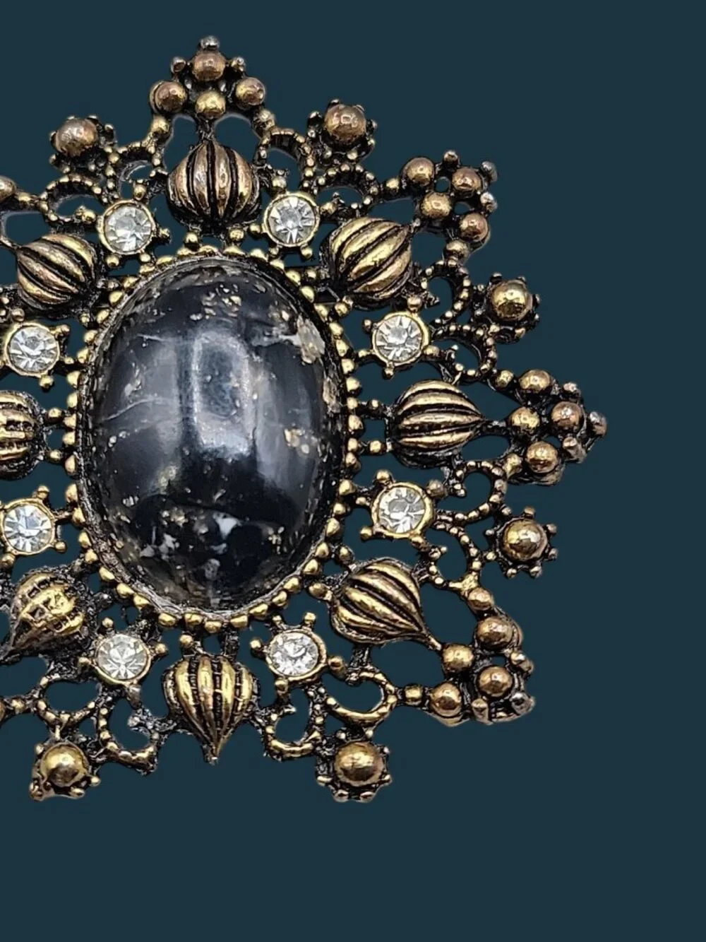 Vintage Victorian Revival Black Cabochon Starburst Brooch Pin Gold Tone Filigree